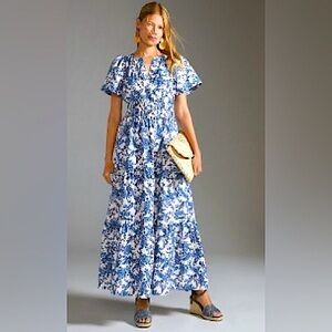 Anthropologie Somerset Maxi Dress, Ivory/Blue, X-Small Petite